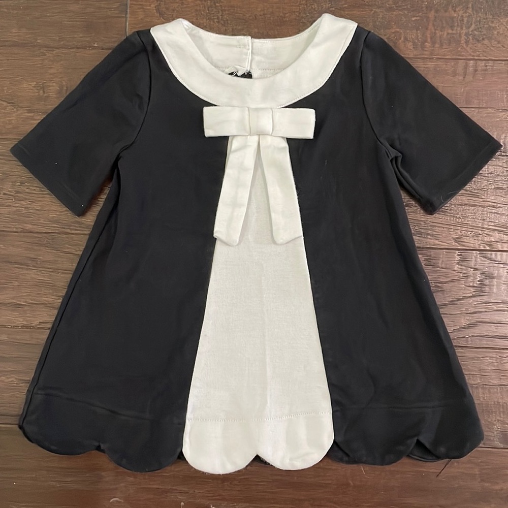 Baby Girl Black and White Bow Dress Scalloped Hem 12m